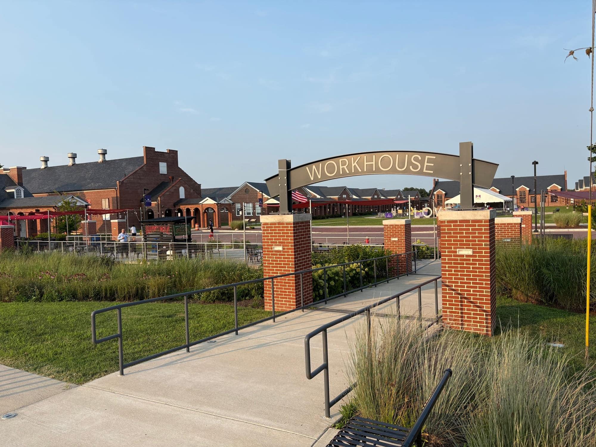 The Workhouse Arts Center's entrance sign and gallery pavilions