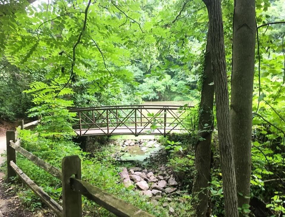 A wooden footbridge over a creek at Hidden Pond Nature Center in Springfield