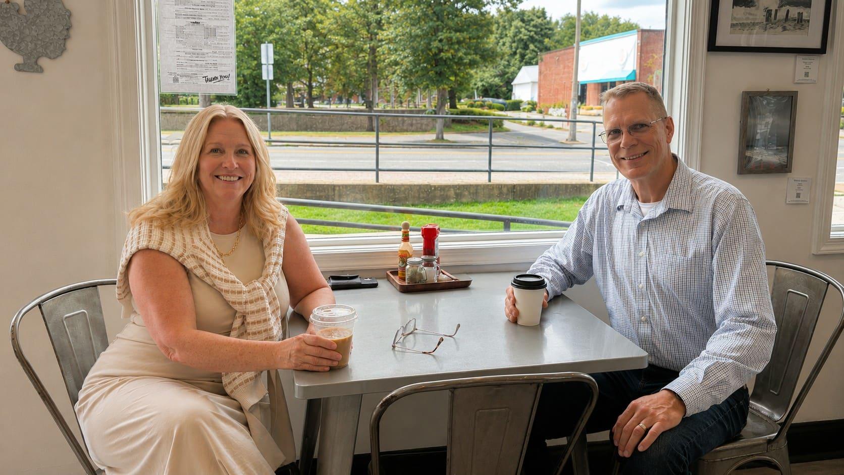 Jennifer and Jeff together over coffee in Del Ray, planning a client's next move