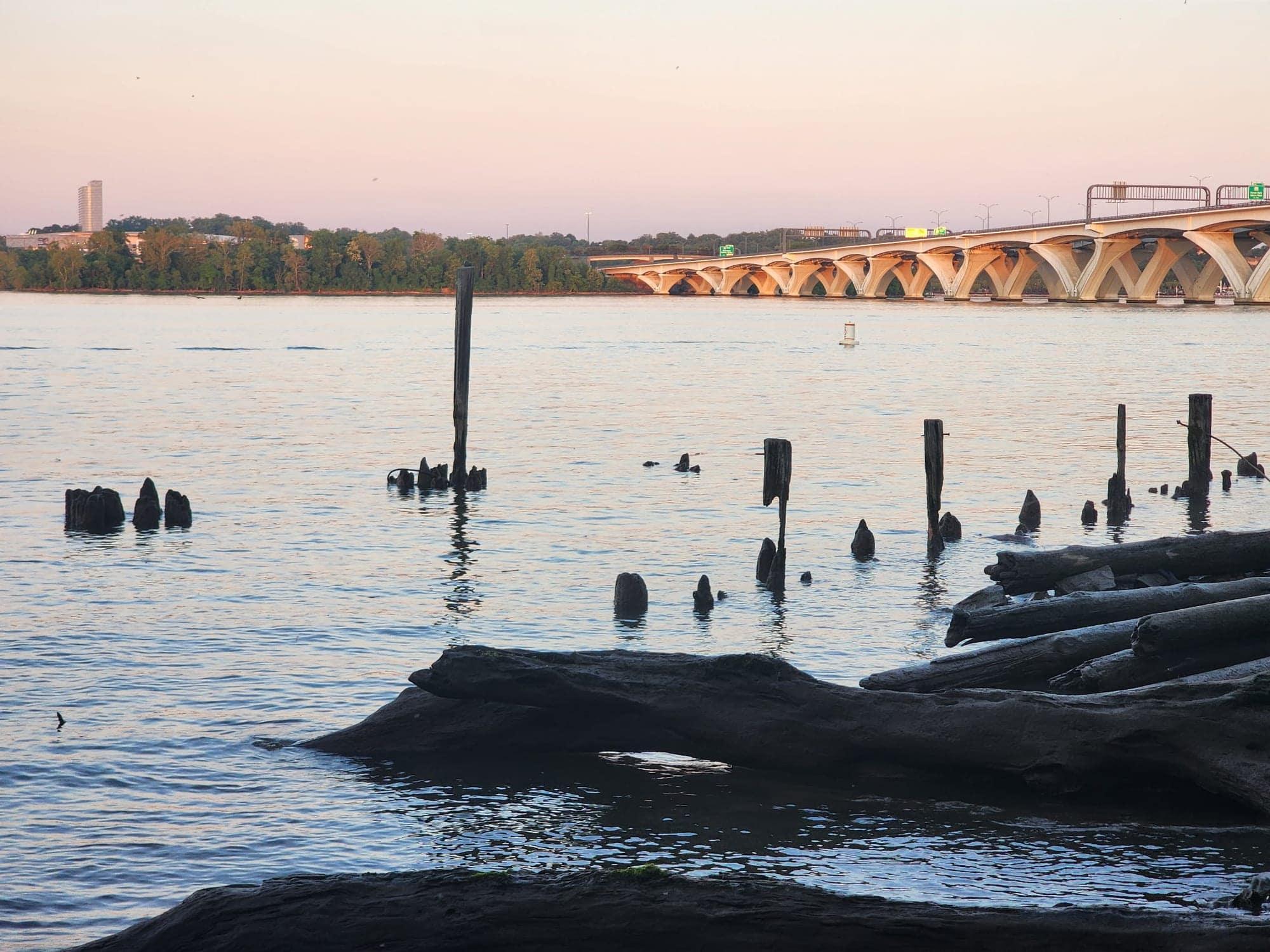 Golden hour on the Alexandria waterfront, with the Woodrow Wilson Bridge in the distance