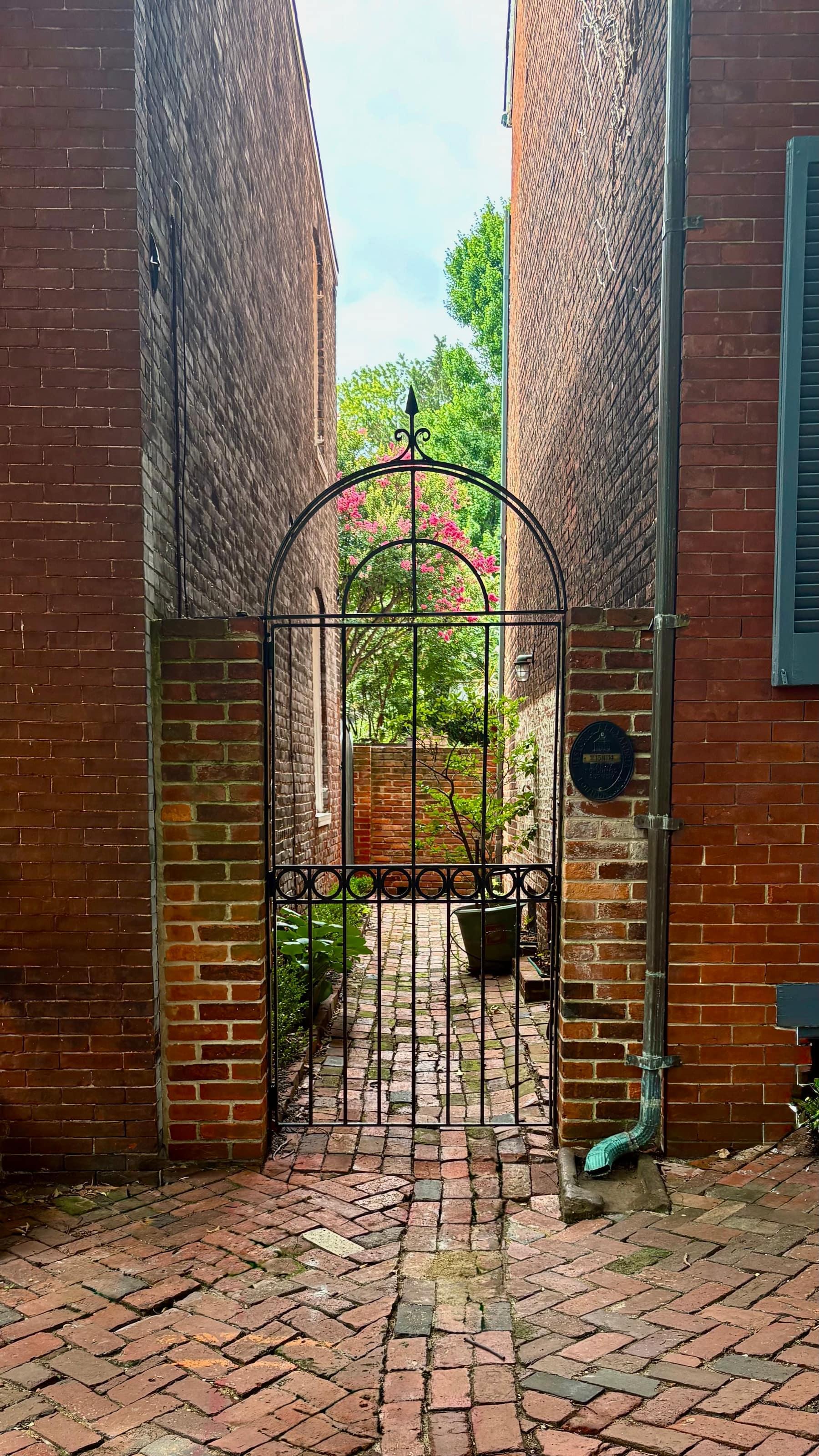 An ornate arched iron garden gate opening onto a lush Old Town Alexandria courtyard