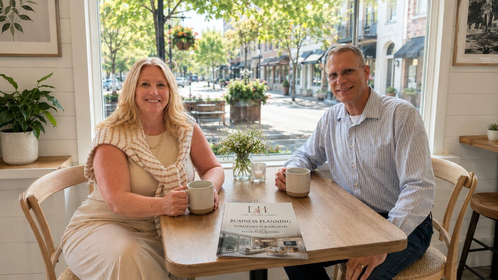 Jennifer and Jeff together over coffee in Old Town Alexandria, planning a client's next move